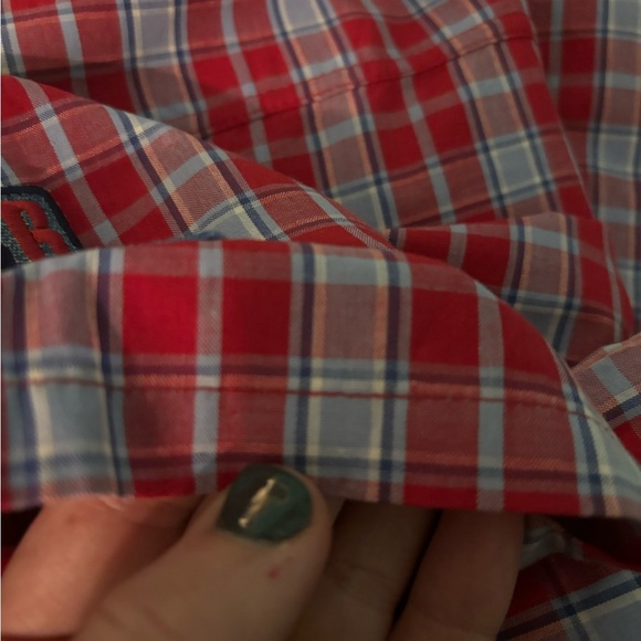Y2K Bugle Boy Vintage Plaid Shirt Denim Pocket Button Up Red Blue Medium - Picture 12 of 13